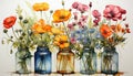 Watercolor composition of wild flowers. The bouquet consists of poppies, tulips, cornflowers and other meadow and field herbs