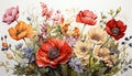 Watercolor composition of wild flowers. The bouquet consists of poppies, tulips, cornflowers and other meadow and field herbs