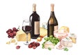 Watercolor composition wine and cheese. Bottle and wineglass, grapes and different cheese. Hand-drawn illustration