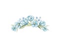 Watercolor composition wreath with green twigs, leaves and blue flowers Royalty Free Stock Photo