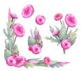 Watercolor compositions with round flowers. The mood of love and spring for your ideas.