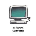 Watercolor computer illustration. Hand painted item isolated on white background. Old school design.
