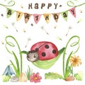 Watercolor congratulatory children`s card happy birthday.