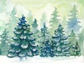 Watercolor coniferous forest illustrations, fir trees, Winter nature, holiday background, coniferous trees, snow, Outdoor, Snowy Royalty Free Stock Photo