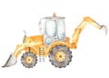 Watercolor construction machines. Backhoe loader, tractor with bucket