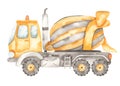 Watercolor construction machines. Concrete mixer truck, concrete truck