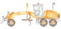 Watercolor construction machines. Grader. Cute kids illustration