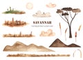 Watercolor constructor savannah landscapes with mountains, tree, clouds, dried flowers