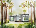 Watercolor of Container house in nature