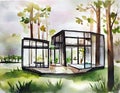 Watercolor of Container house in nature