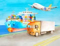 Watercolor container ship and truck stand on the pier nearby for illustrations in the logistics topic. Cargo transportation