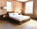 Watercolor of Contemporary bedroom featuring a pallet bed against a brick