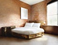 Watercolor of Contemporary bedroom featuring a pallet bed against a brick