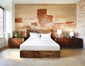 Watercolor of Contemporary bedroom featuring a pallet bed against a brick