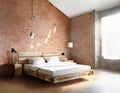 Watercolor of Contemporary bedroom featuring a pallet bed against a brick