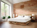 Watercolor of Contemporary bedroom featuring a pallet bed against a brick