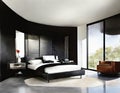 Watercolor of Contemporary bedroom featuring sleek black marble and side