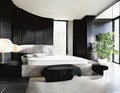 Watercolor of Contemporary bedroom featuring sleek black marble and side