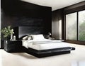 Watercolor of Contemporary bedroom featuring sleek black marble and side