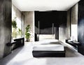 Watercolor of Contemporary bedroom featuring sleek black marble and side