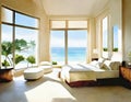 Watercolor of Contemporary bedroom with picturesque French windows showcasing a stunning beach