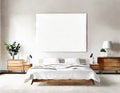 Watercolor of Contemporary bedroom with white minimalist wooden and paintings