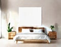 Watercolor of Contemporary bedroom with white minimalist wooden and paintings