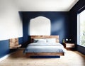 Watercolor of Contemporary bedroom with wooden bedside dark blue and wooden