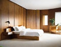 Watercolor of Contemporary bedroom with wooden wall for TV and adjoining wardrobe