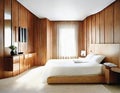 Watercolor of Contemporary bedroom with wooden wall for TV and adjoining wardrobe Royalty Free Stock Photo