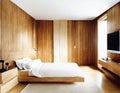 Watercolor of Contemporary bedroom with wooden wall for TV and adjoining wardrobe