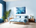 Watercolor of Contemporary blue bedroom with poster and