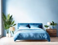 Watercolor of Contemporary blue bedroom with poster and