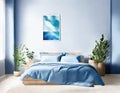 Watercolor of Contemporary blue bedroom with poster and