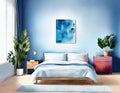 Watercolor of Contemporary blue bedroom with poster and