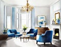 Watercolor of Contemporary elegant living room with blue