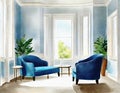 Watercolor of Contemporary elegant living room with blue