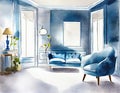 Watercolor of Contemporary elegant living room with blue