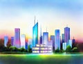 Watercolor of Contemporary house with city skyline and smart Futuristic hologram on