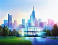 Watercolor of Contemporary house with city skyline and smart Futuristic hologram on