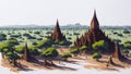 Watercolor contemporary landscape, Bagan, Myanmar. Royalty Free Stock Photo