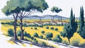 A watercolor contemporary landscape of Provence, France.