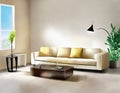 Watercolor of Contemporary living room with couch and