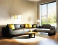 Watercolor of Contemporary living room with couch and