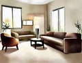 Watercolor of Contemporary living room with couch and