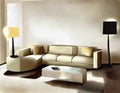 Watercolor of Contemporary living room with couch and