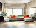 Watercolor of Contemporary living room with couch and