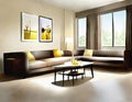 Watercolor of Contemporary living room with couch and