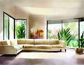 Watercolor of Contemporary lounge area with an AC