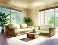 Watercolor of Contemporary lounge area with an AC